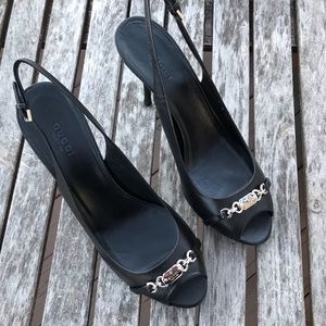 Gucci TALIBU Black Leather Slingback Peep Toe